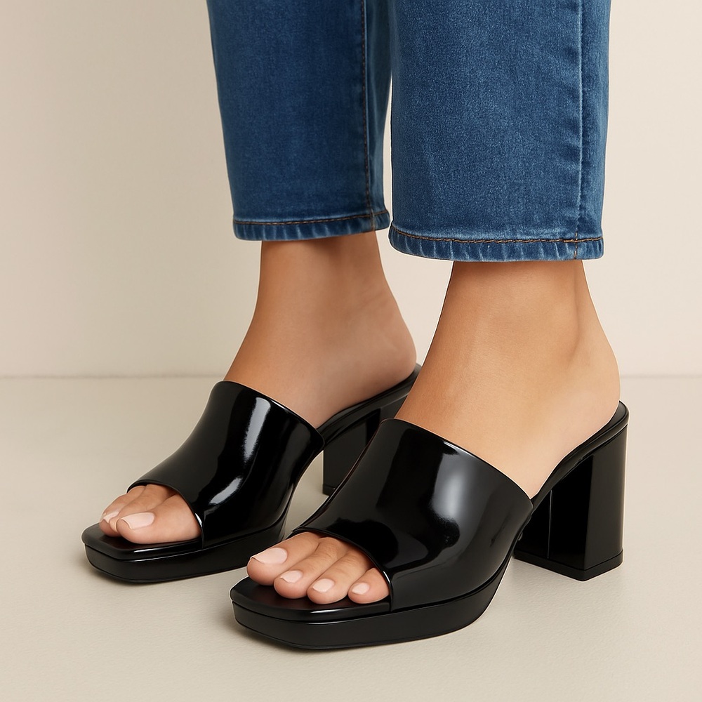 Worthington Black Patent Platform Slide Sandals Block Heel Mules Slip-on 7M